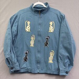 EVR Silk Embroidered Cat Jacket Blue Zip Up Mock Neck Vintage Style Large